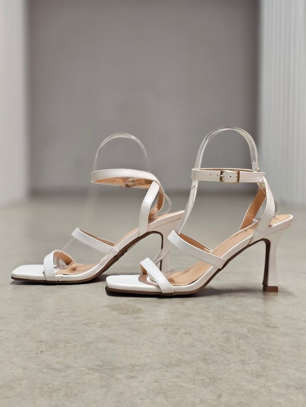 Strappy White High Heel Sandals With Square Toe & Adjustable Buckle Strap - Bell - Picture 12 of 14